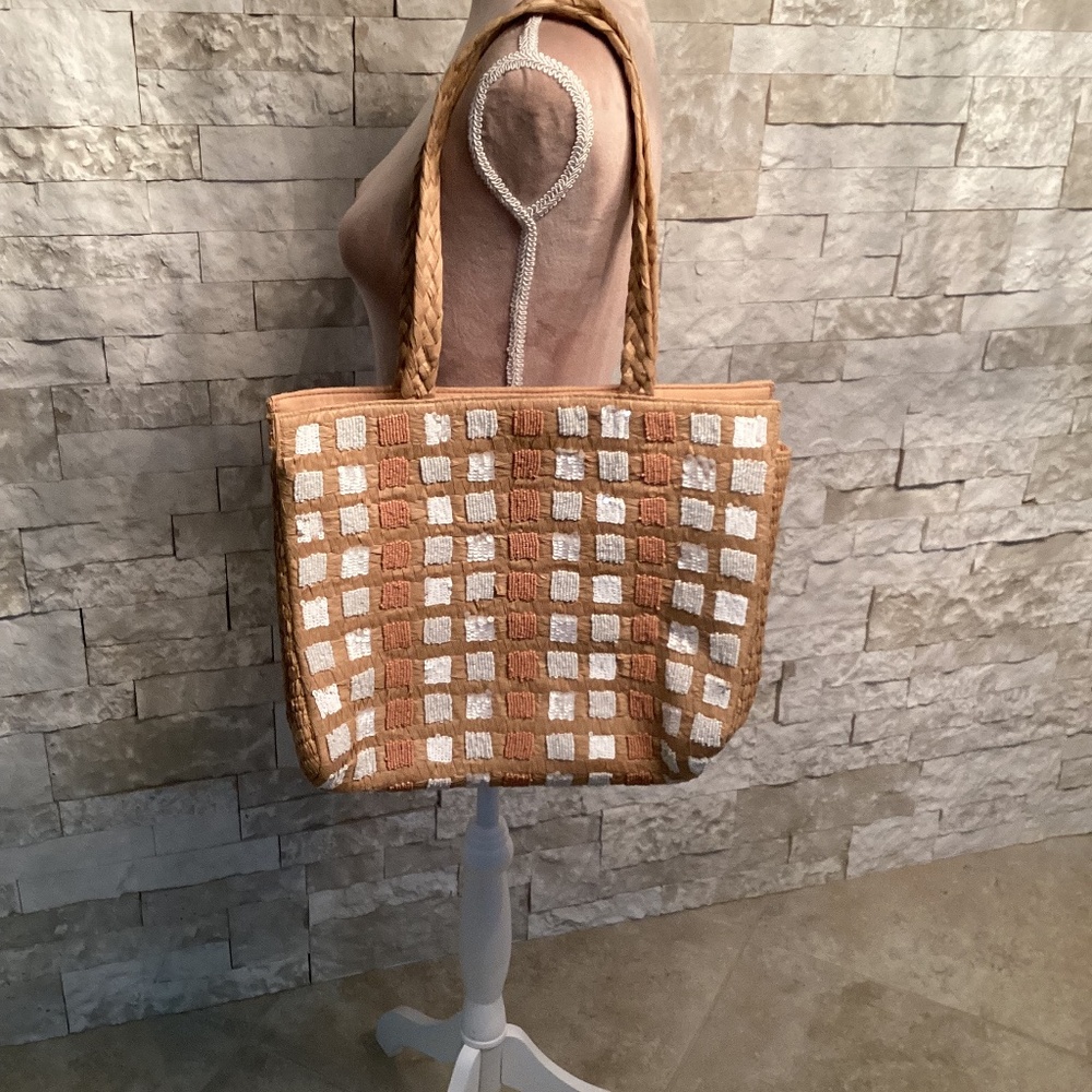 Made in India Handwoven Checkered Sequin/Beaded Tote